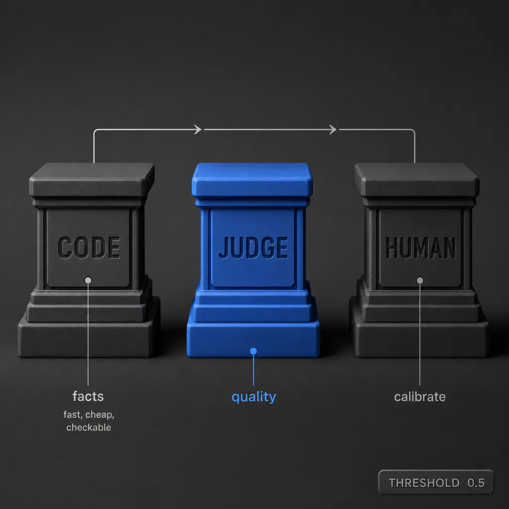 The grader decision: code for facts, an LLM judge for quality, humans to calibrate the judge