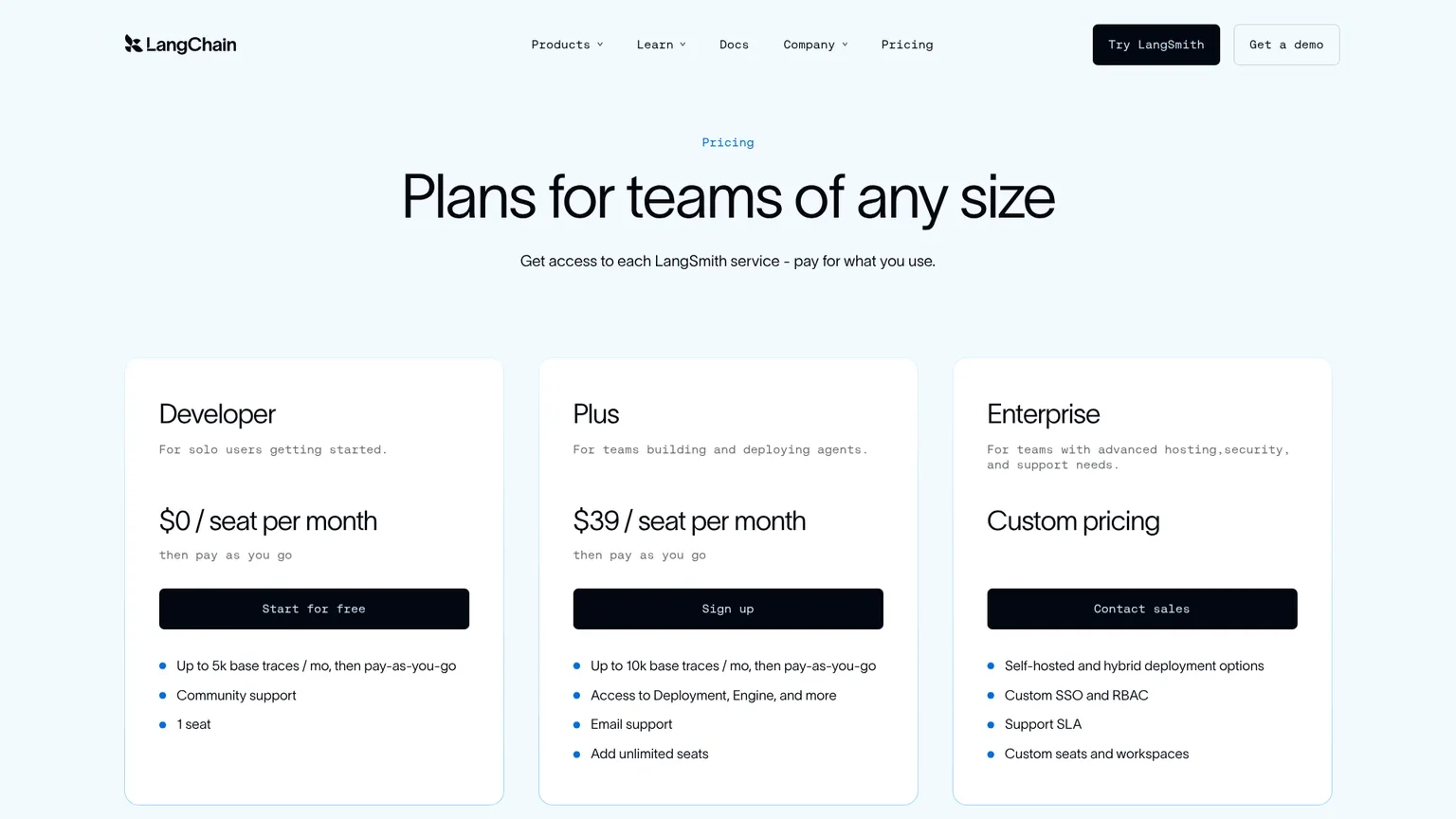 LangSmith pricing tiers