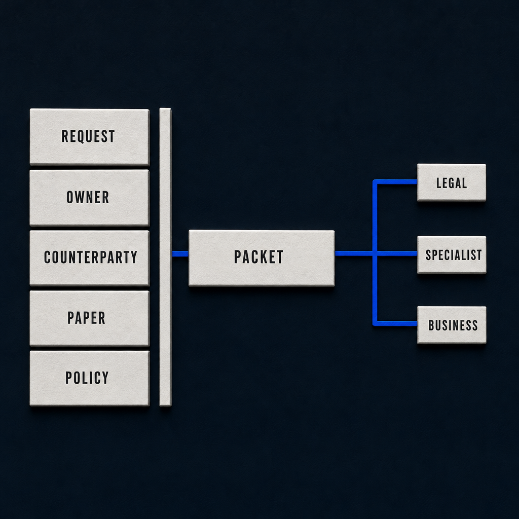 Contract intake request, owner, counterparty, paper and policy evidence assembled into a packet before routing