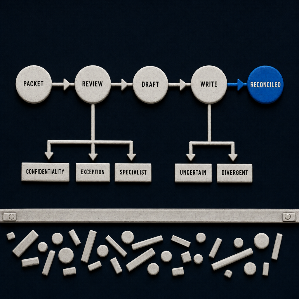 Contract intake state flow from packet and review through draft and write to reconciled, with confidentiality, exception, uncertainty and divergence branches