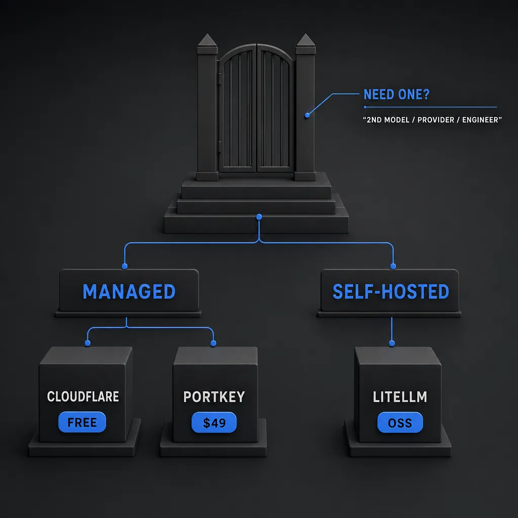 Decision flow: do you need an AI gateway, then managed vs self-hosted with Cloudflare, Portkey, and LiteLLM