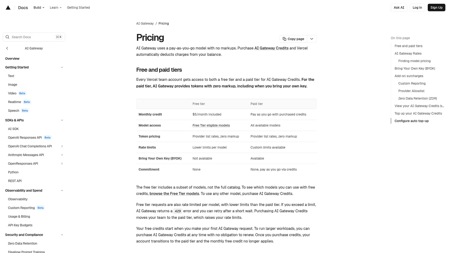 Vercel AI Gateway pricing page showing free and paid tiers
