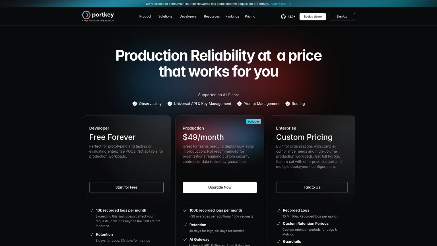 Portkey pricing tiers from Developer to Enterprise