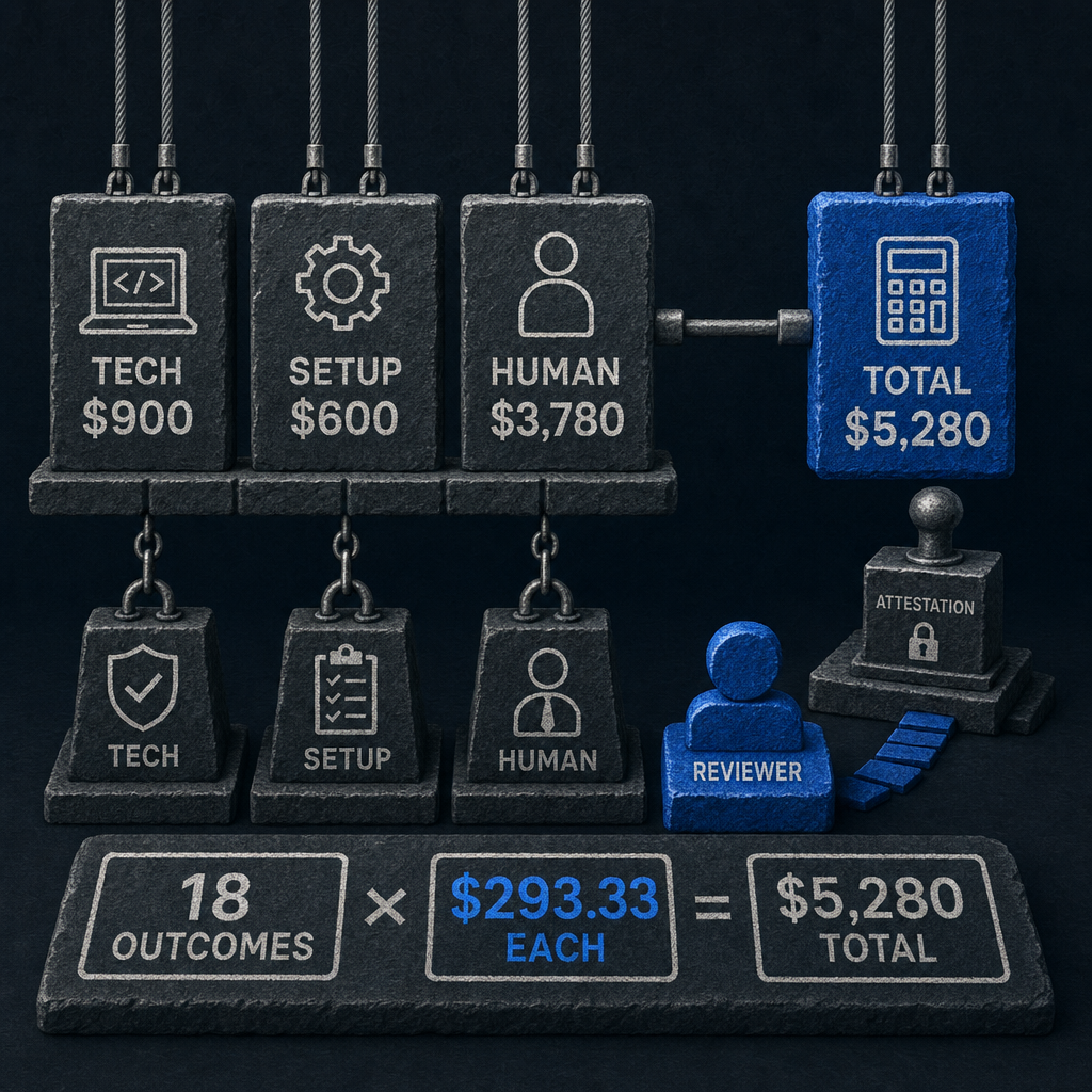 Synthetic cost model joining technology, setup and human review before dividing by reconciled outcomes