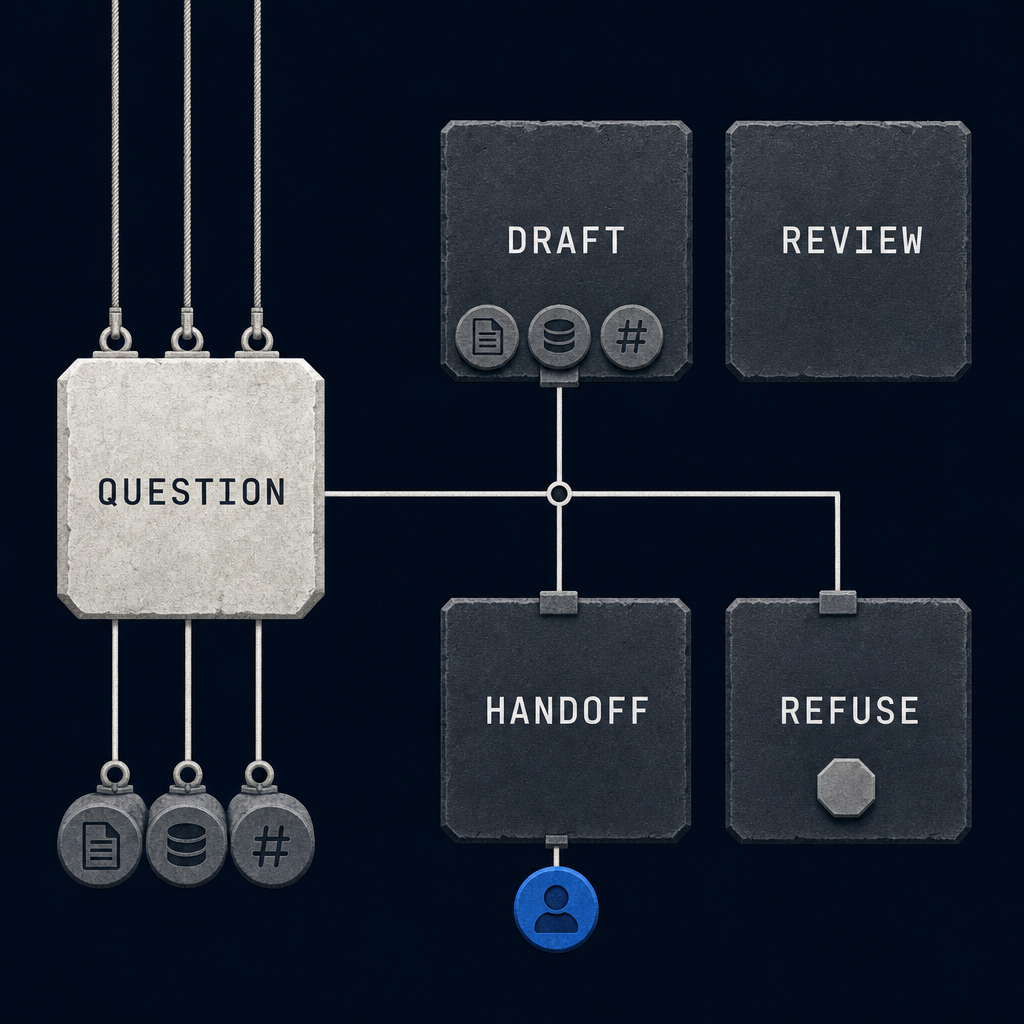 Four security-questionnaire routes from one question to draft, review, handoff or refusal