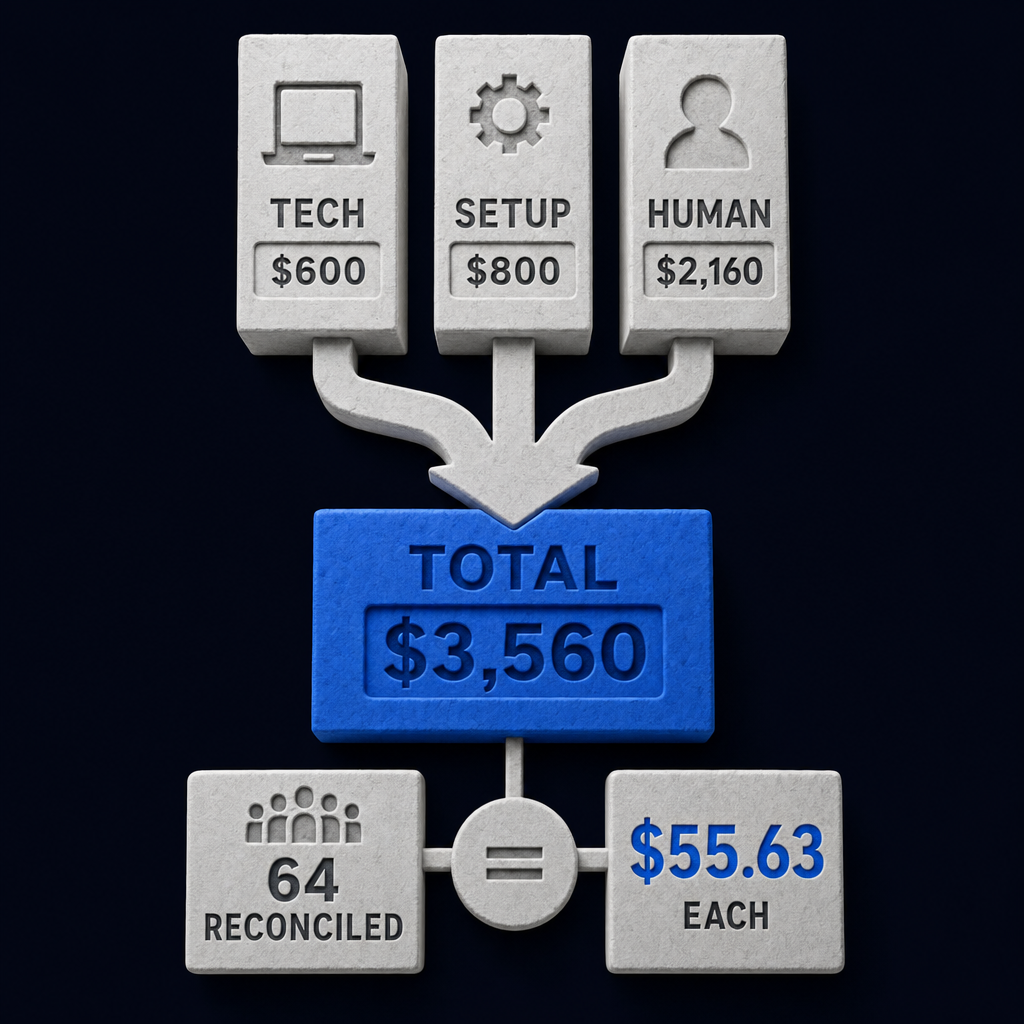 Synthetic vendor-onboarding cost model joining technology, setup and human work