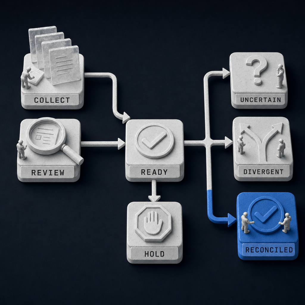 Seven vendor-onboarding terminals from evidence collection through authoritative reconciliation
