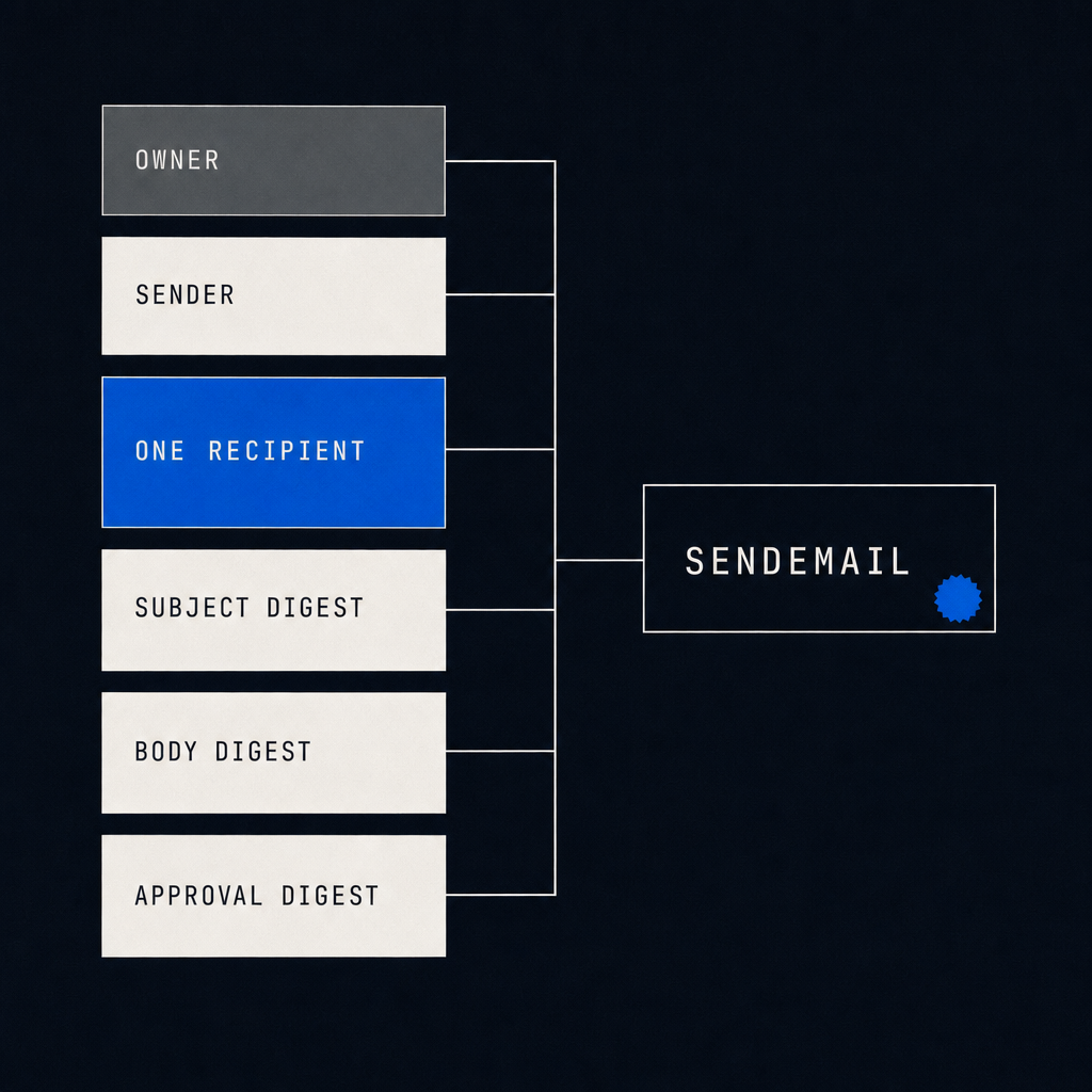 An exact SES send envelope joining owner, one recipient, content digests, approval and configuration before the SendEmail call