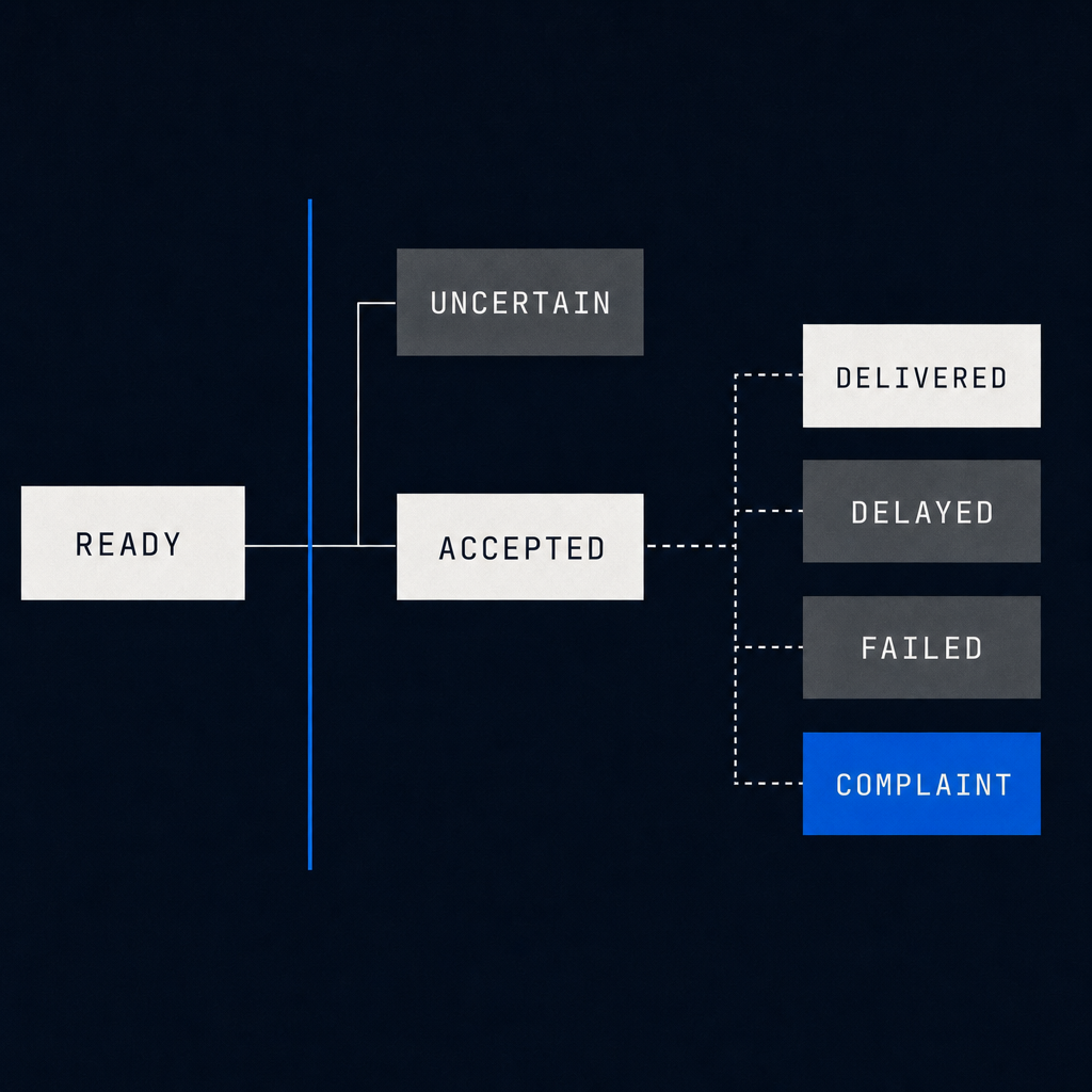 SES effect states showing an ambiguous timeout and the separation between accepted, delivered, delayed, failed and complaint outcomes