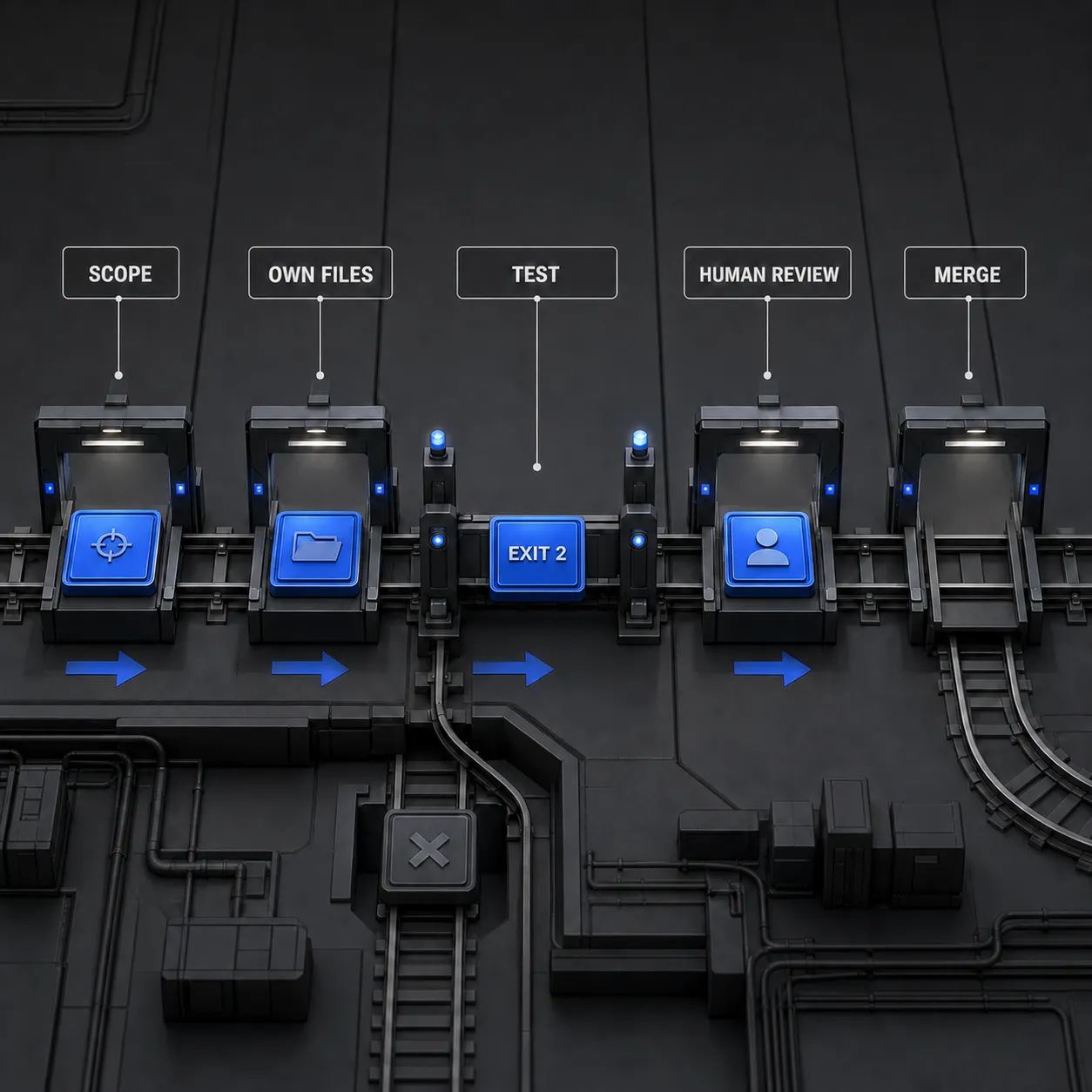 Production gate from scoped task through tests, human review, and merge