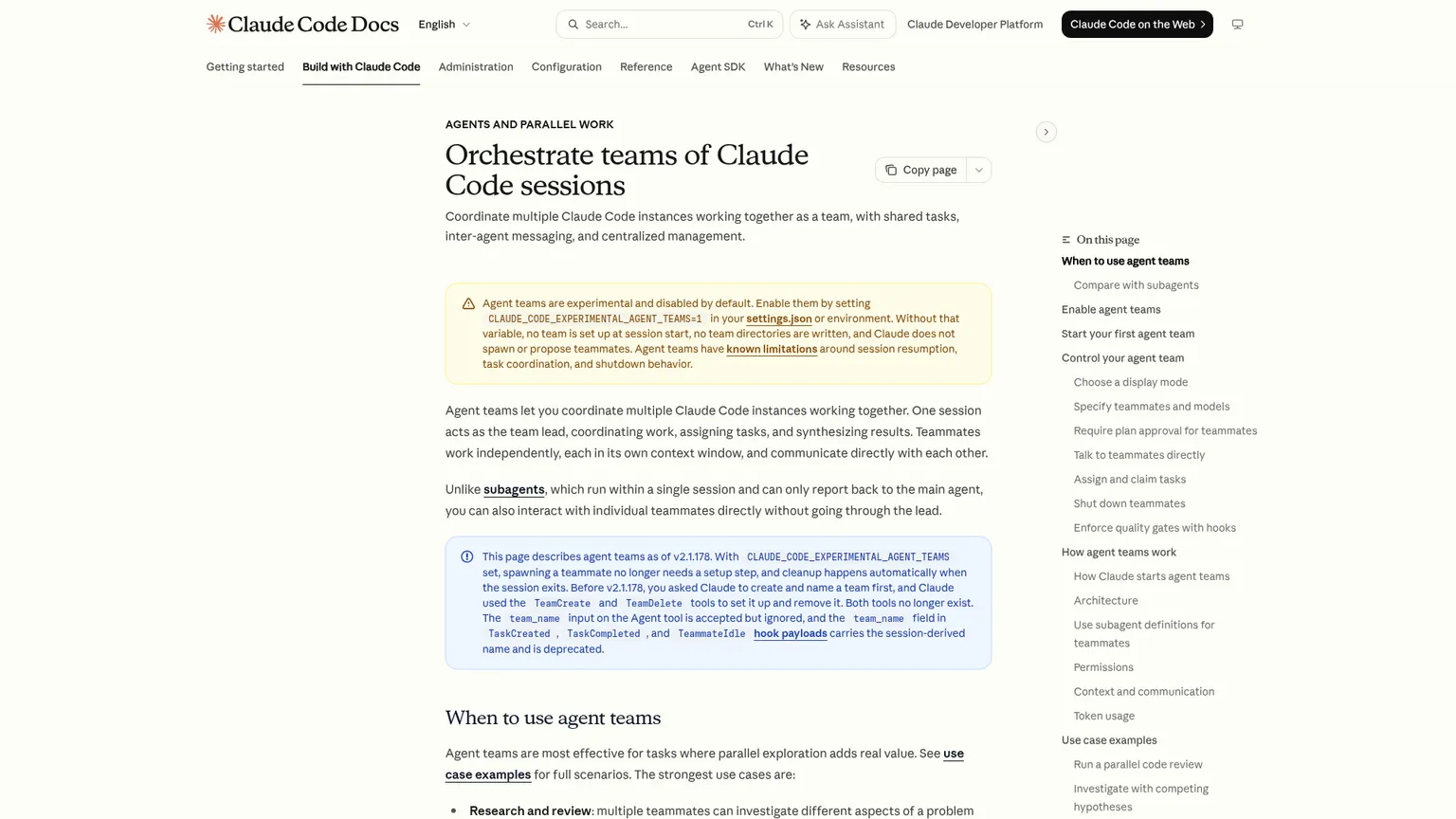 Claude Code agent teams documentation showing setup and controls