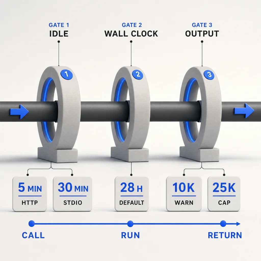 The three limits on every Claude Code MCP tool call: idle timeout, per-server wall-clock timeout, and the output token cap