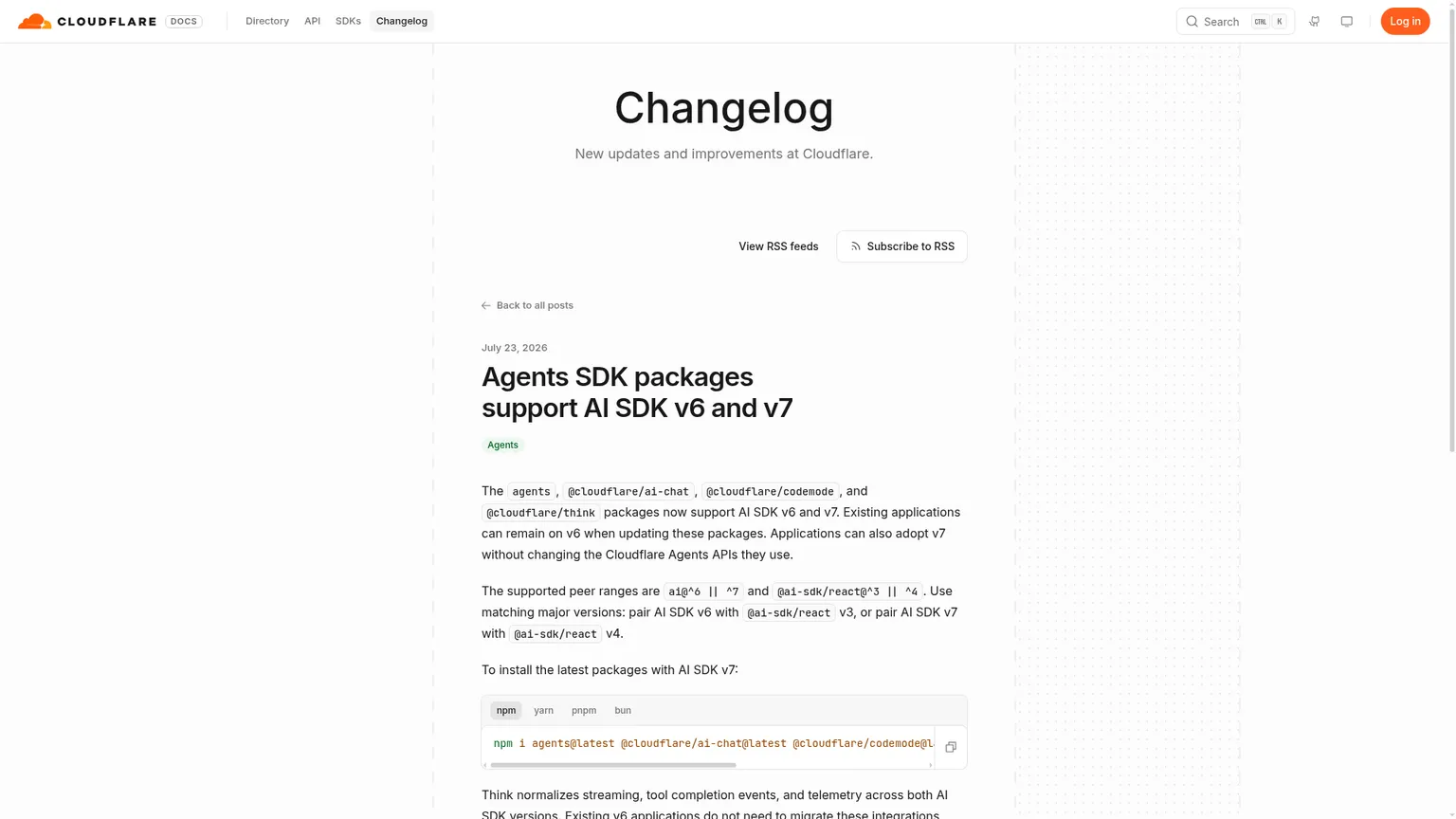 Cloudflare Agents SDK AI SDK 6 and 7 compatibility announcement