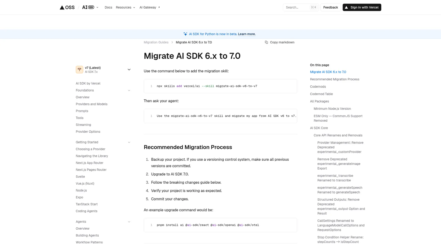 AI SDK 7 migration guide with runtime prompt stream and telemetry changes
