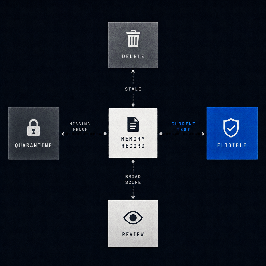 Four terminal routes for an autofix memory record: delete, quarantine, review and eligible