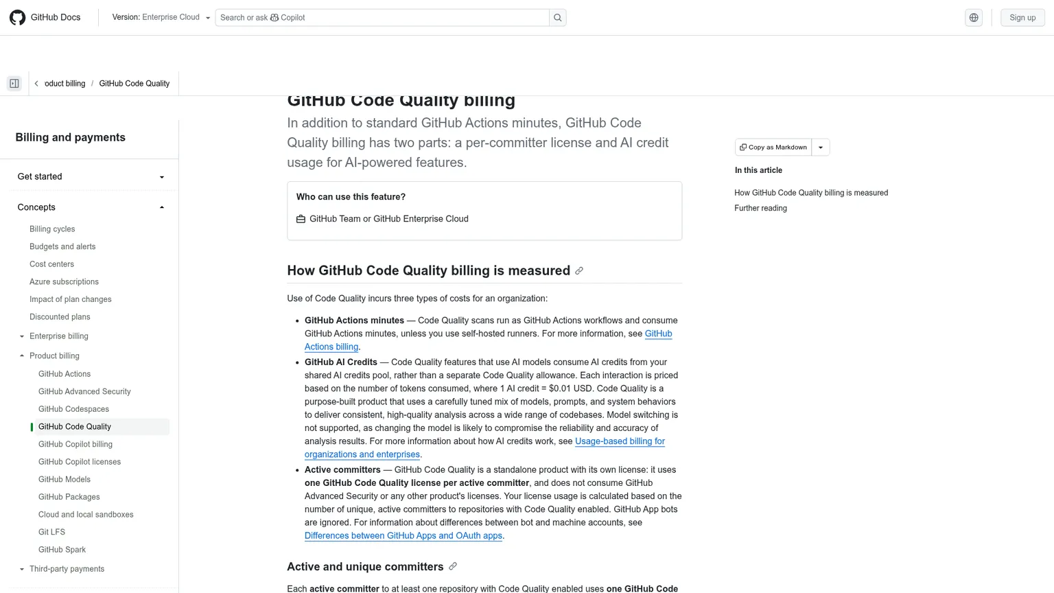 GitHub Code Quality billing documentation