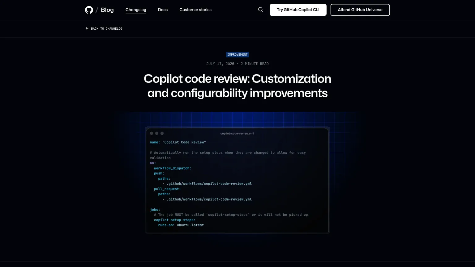 GitHub changelog for Copilot code review customization and configurability