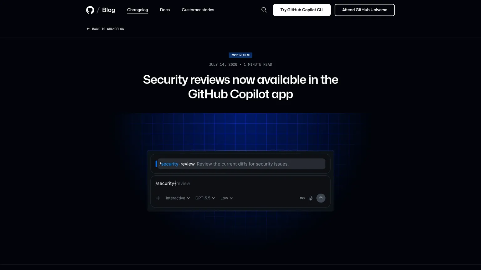 GitHub Copilot app security review announcement and product screenshot