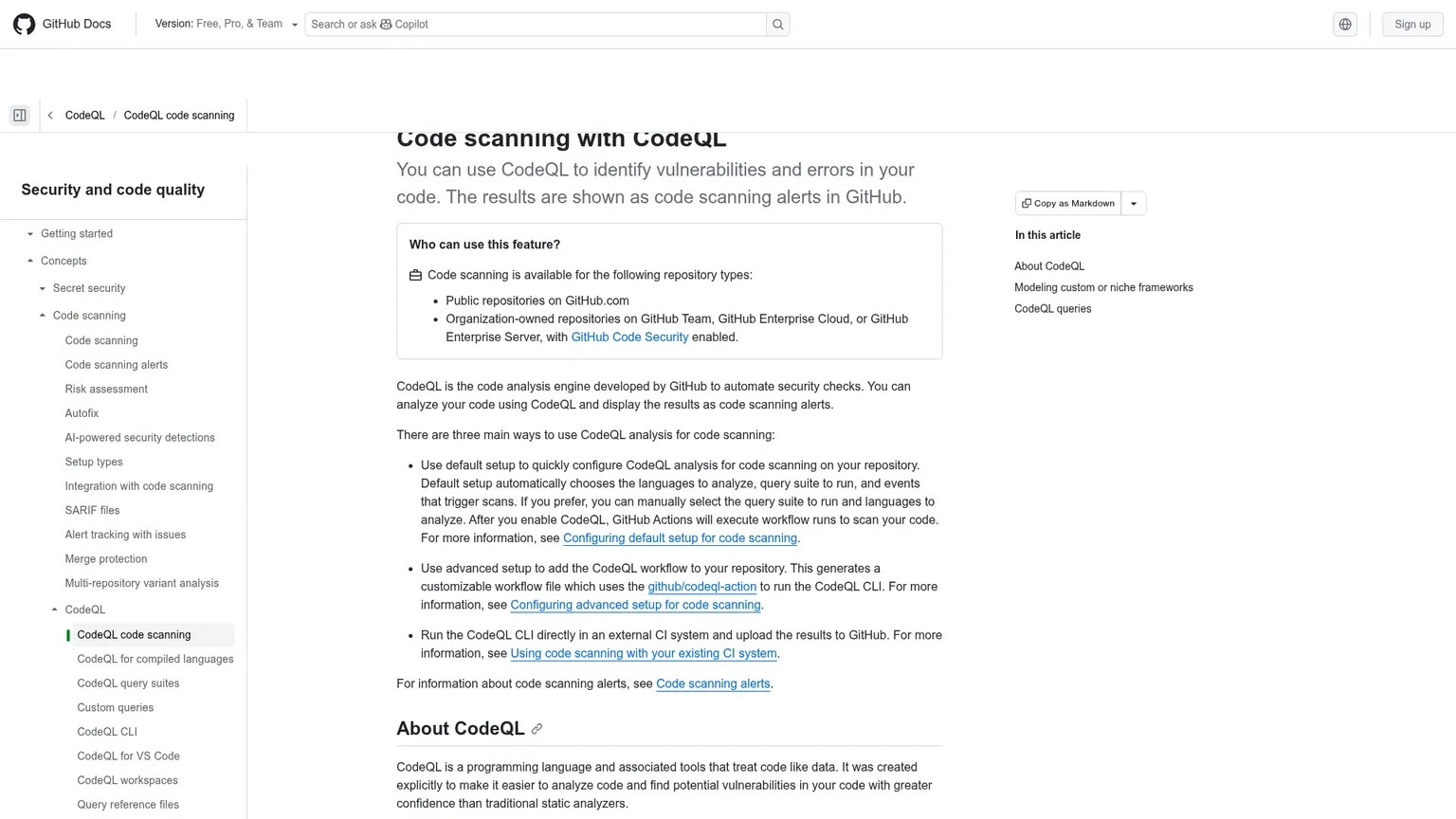 GitHub documentation for CodeQL code scanning