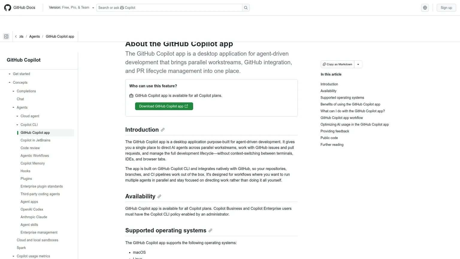 GitHub Copilot app documentation