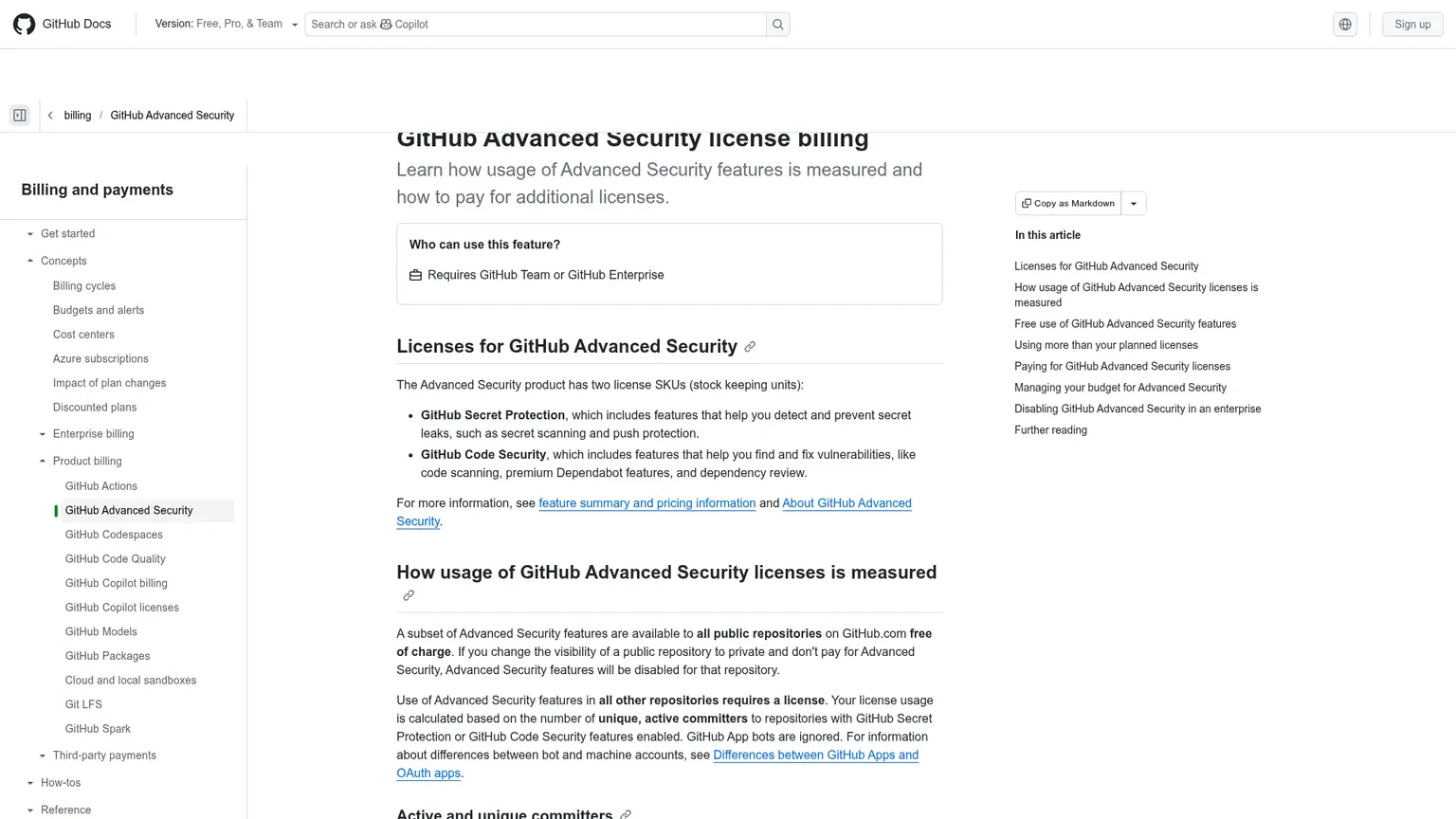 GitHub Advanced Security license billing documentation