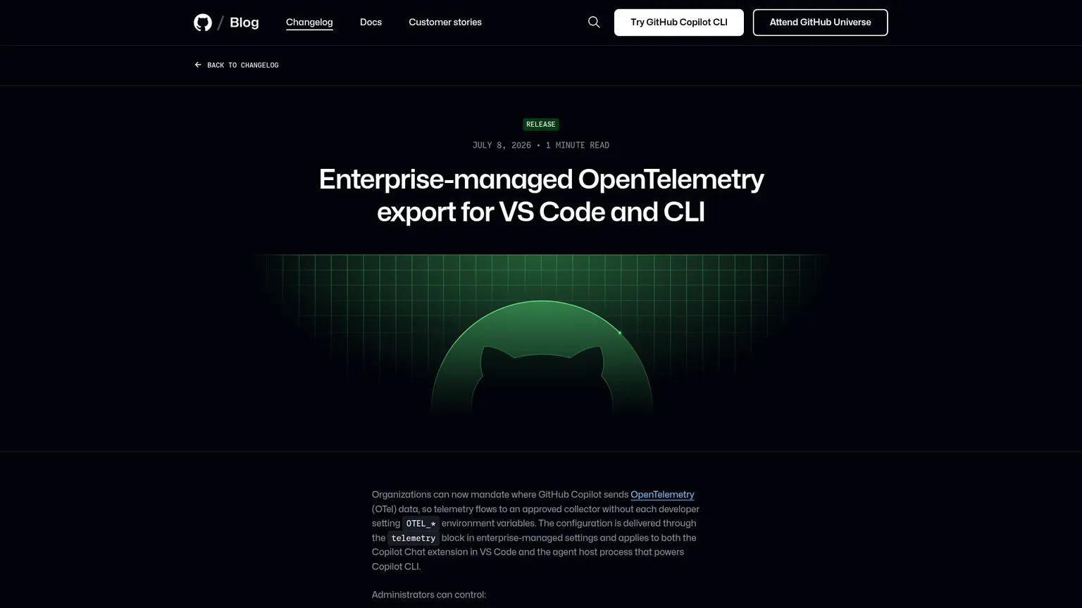 GitHub changelog for enterprise-managed OpenTelemetry export