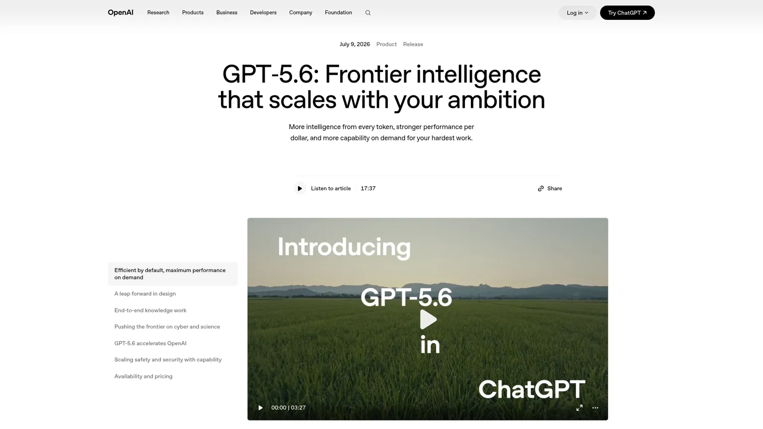 OpenAI GPT-5.6 release page showing the Sol, Terra, and Luna model family