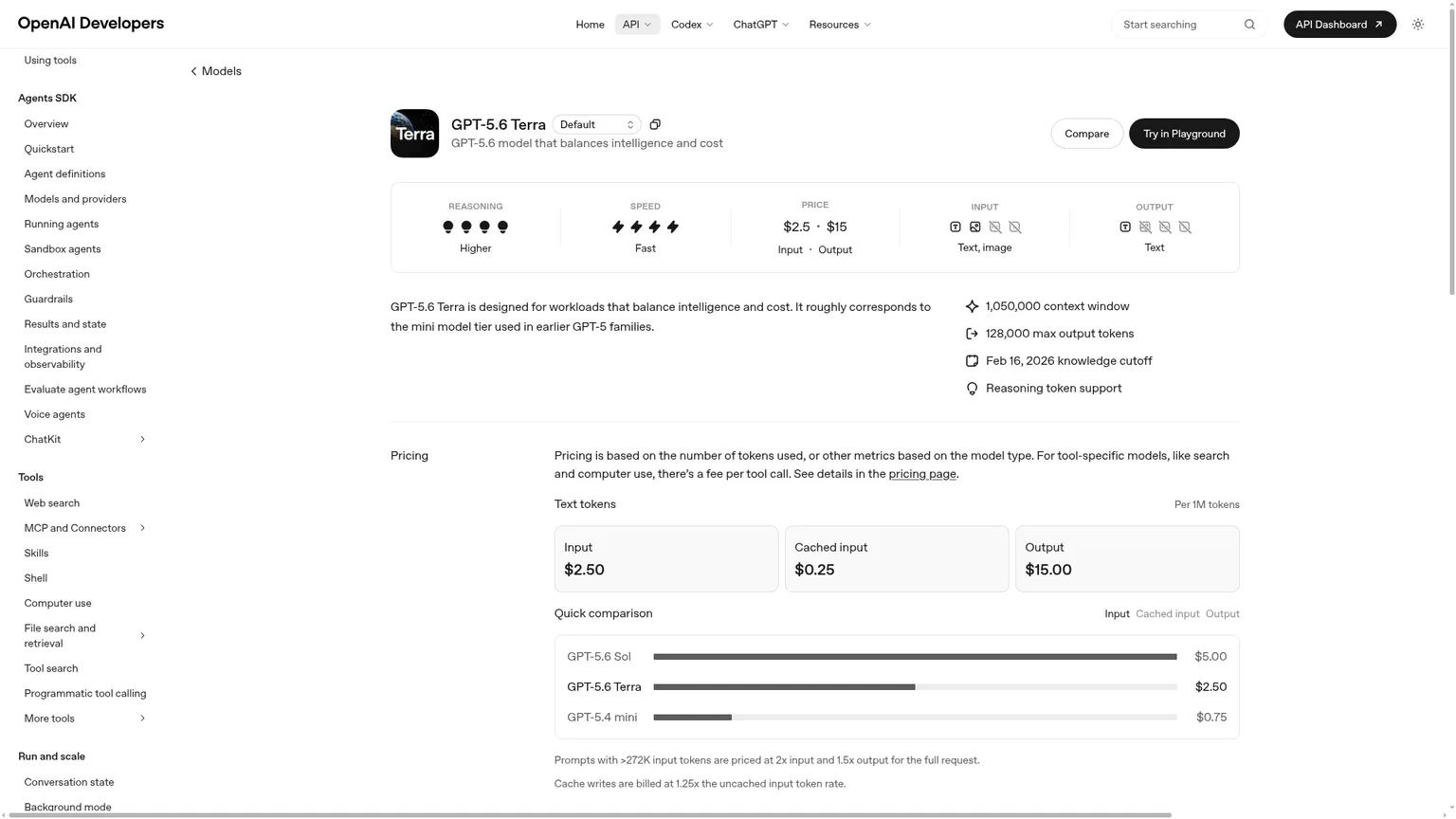 GPT-5.6 Terra model documentation with token prices and limits