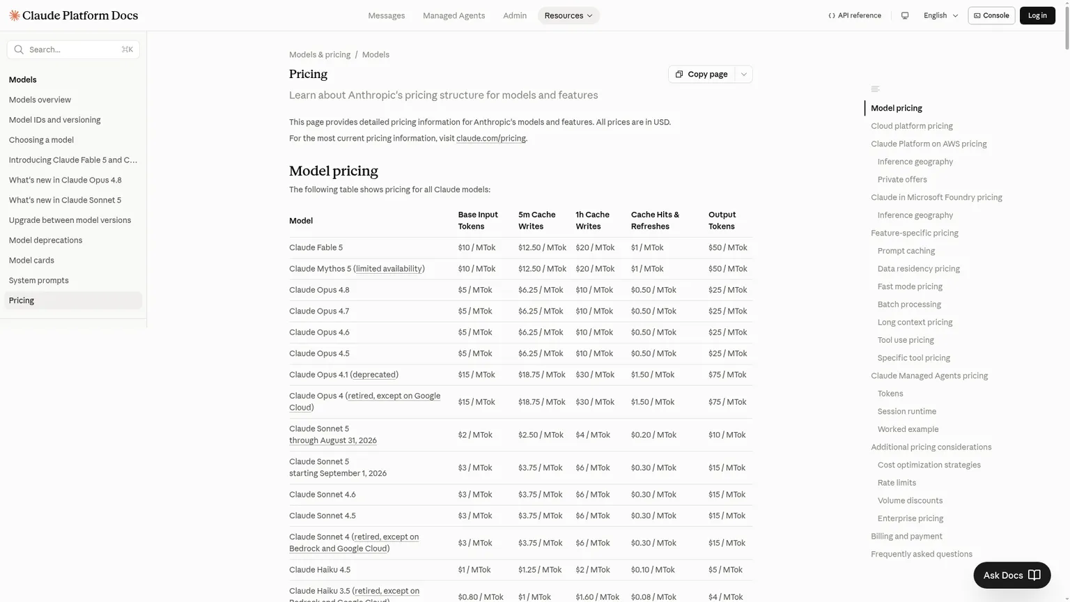Claude API pricing page showing Sonnet 5 promotional, standard, cache, and long-context prices