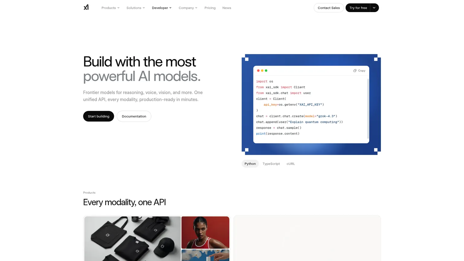 xAI API product page