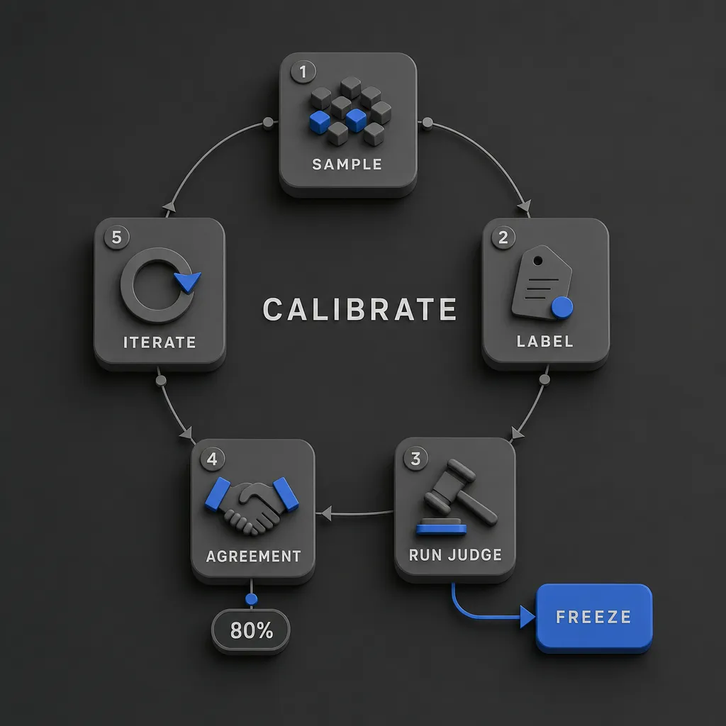 The five-step LLM judge calibration loop: sample, label, run, measure agreement, iterate, then freeze