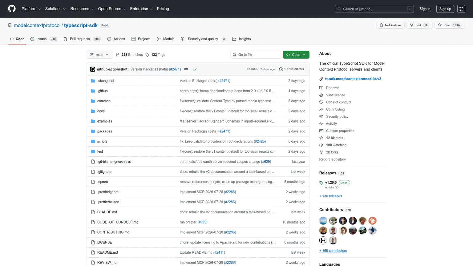 Official MCP TypeScript SDK repository showing v2 beta and v1 production support status