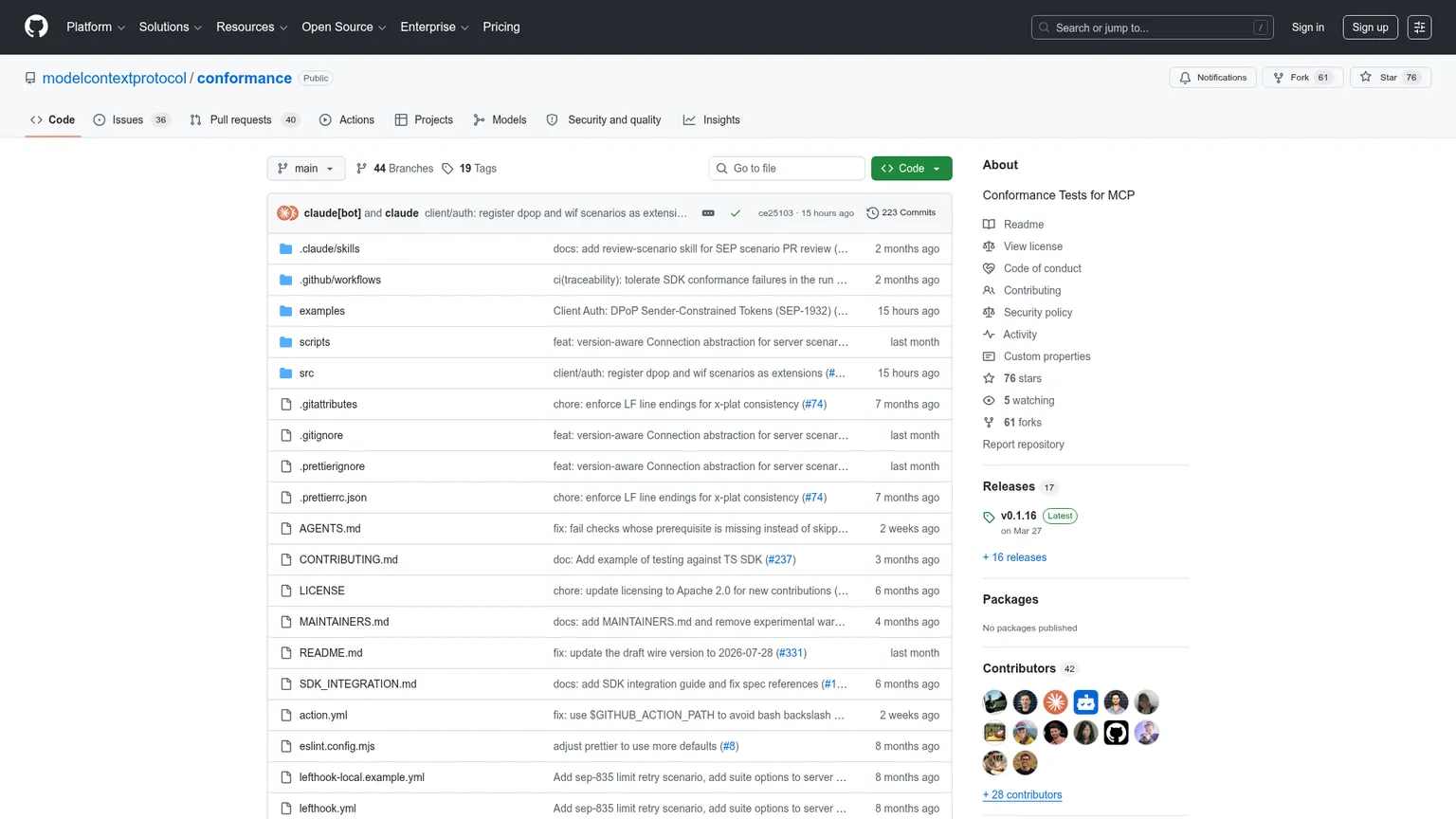 Official MCP conformance test framework repository and server test commands