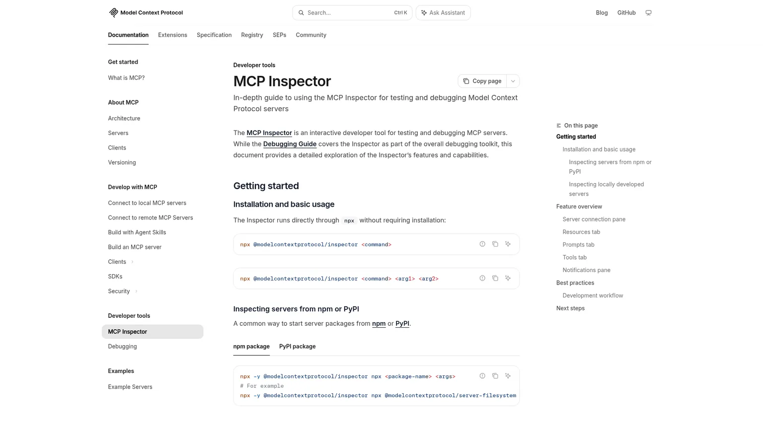 Official MCP Inspector documentation showing server testing capabilities