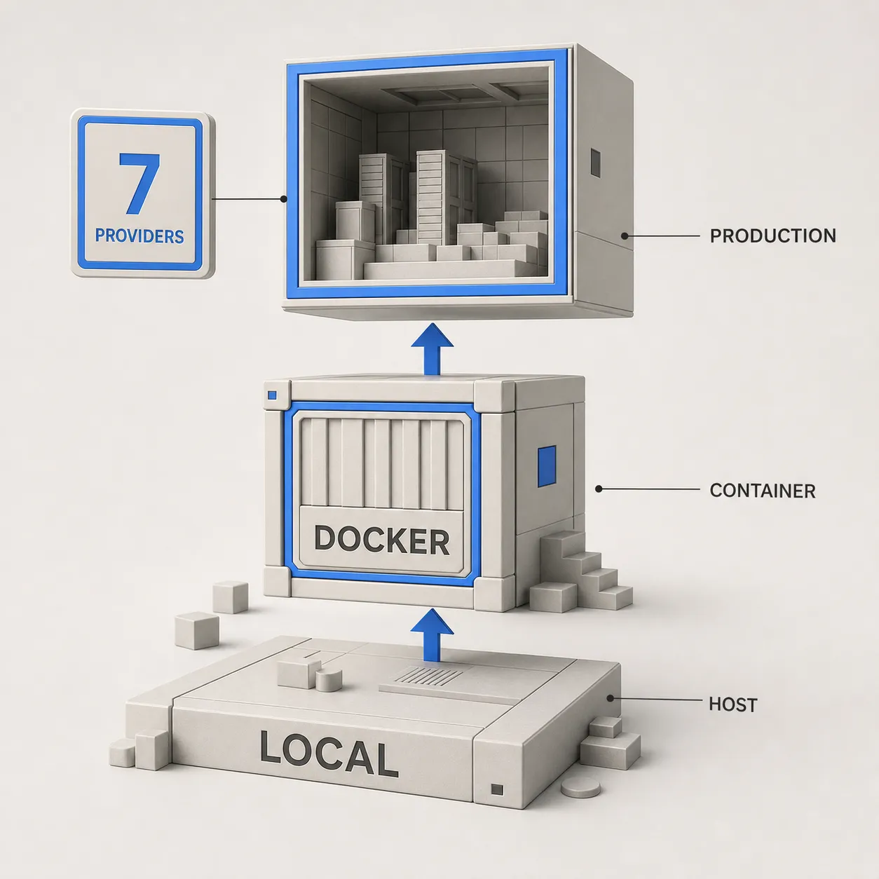 Sandbox client selection ladder from Unix-local development to Docker isolation and hosted production compute