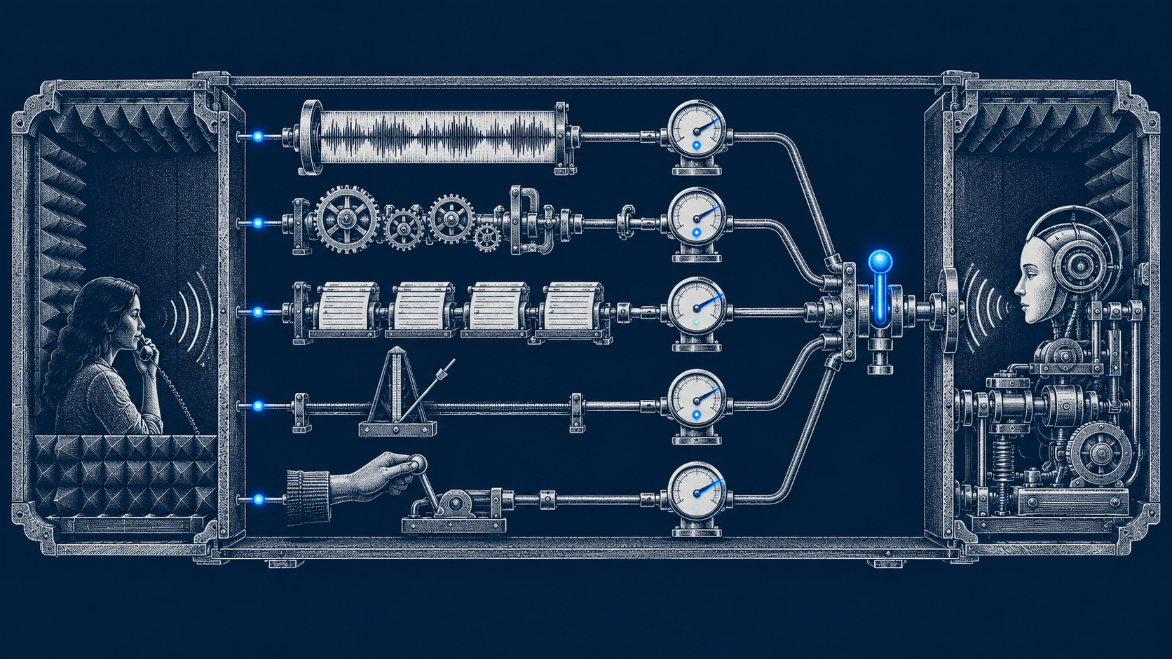Five separate evidence rails for audio, tool calls, business state, timing and handoff converge on one voice-agent release pin