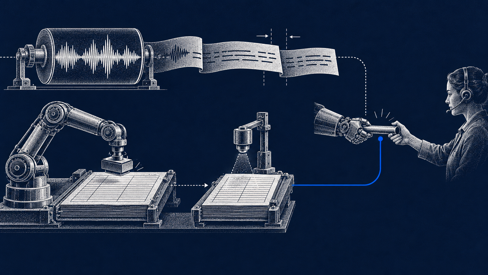 A voice-agent test bench compares waveform and transcript, reconciles a business ledger and ends with an acknowledged human handoff