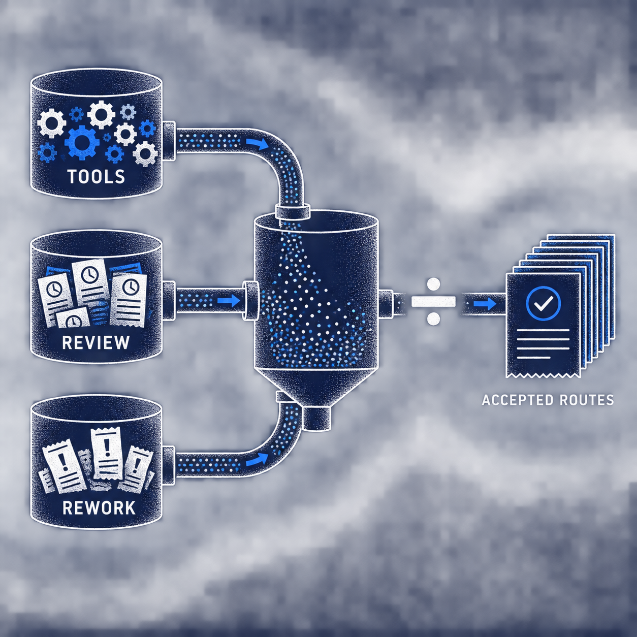 Joined tool, review and rework cost divided by accepted routes